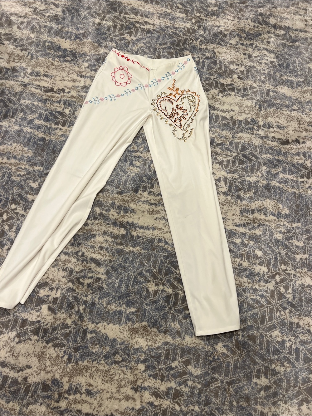Embroidered Heart White Stretch Women's Pants